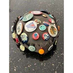Vintage 1960's Felt Beanie Cap Hat w Pinbacks & charms MLB Politics Batman Rare!